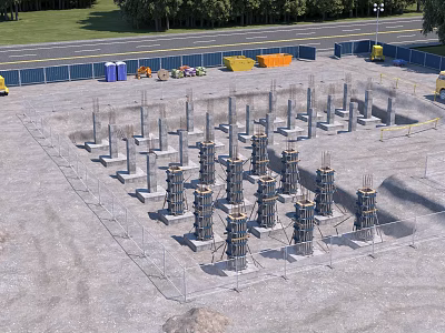 Reinforced Concrete Building Column Components With Installation Of Formwork On Prepared Foundation Of Construction Site 3d model