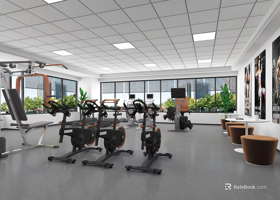 Modern Gym Interior With Fitness Equipment And Natural Light 3d model 