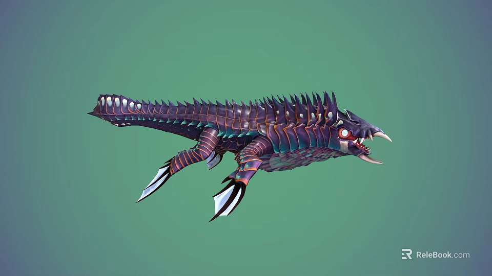 Colorful Spiked Reptile with Sharp Teeth Red Eyes and Fantasy Style Fins 3D Model Design 3d model 