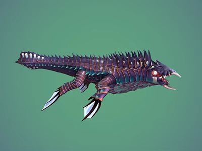 Colorful Spiked Reptile with Sharp Teeth Red Eyes and Fantasy Style Fins 3D Model Design 3d model