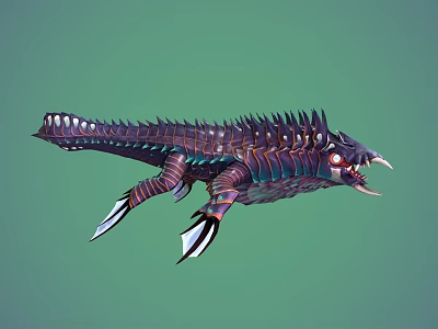 Colorful Spiked Reptile with Sharp Teeth Red Eyes and Fantasy Style Fins 3D Model Design 3d model