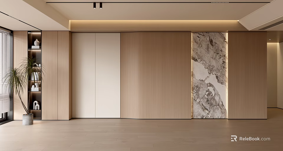 Modern Background Wall Design With Wooden Panels And Marble Accent In Neutral Tones 3d model 