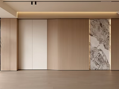 Modern Background Wall Design With Wooden Panels And Marble Accent In Neutral Tones 3d model