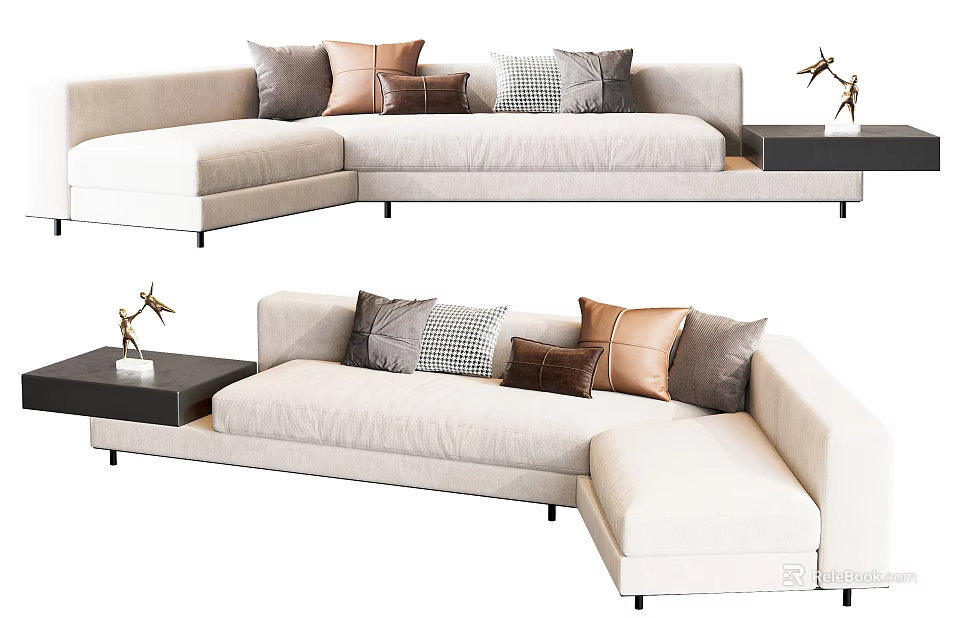 Modern Beige Sectional Sofa with Multiple Colorful Patterned Cushions and Side Table 3d model