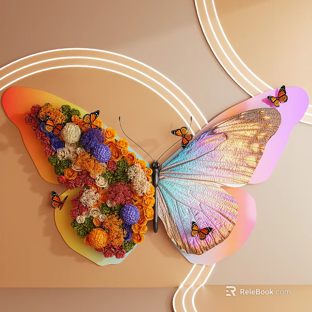 Butterfly Shaped Floral Art Installation With Colorful Flowers Small Butterflies And Gradient Wings 3d model 