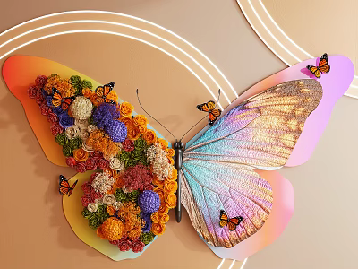Butterfly Shaped Floral Art Installation With Colorful Flowers Small Butterflies And Gradient Wings 3d model