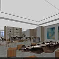 Modern Hotel Public Lounge Area With Comfortable Sofas Wooden Coffee Tables Bookshelves And Large Artworks