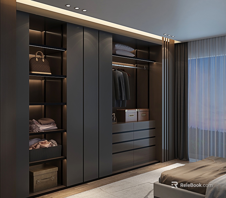 Modern Built in Wardrobe Interior With Lighting Drawers Open Shelves And Hanging Space 3d model 