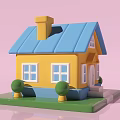 Cute Yellow House With Blue Roof Yellow Chimney Green Trees And White Door