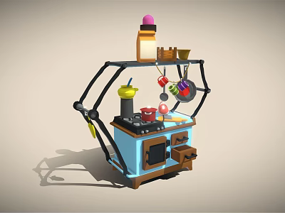 Commercial Kitchen Equipment Workstation Featuring Stove Oven Shelf And Cooking Utensils 3d model