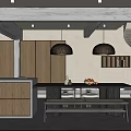 Modern Restaurant Interior With Rattan Pendant Lights Open Kitchen Marble Island And Green Plants