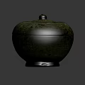 Ancient Round Green Ceramic Jar With Decorative Patterns And Textured Lid 3d model