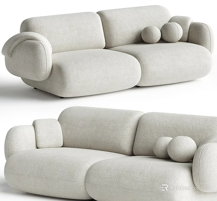 Light Gray Fabric Two Seater Sofa With Rounded Armrests And Round Cushions 3d model 