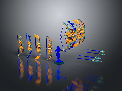 Colorful Bow And Arrow Commercial Equipment With Blue Figure Model And Arrows 3d model