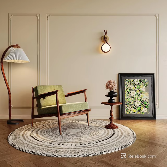 Stylish Green Leisure Chair With Floor Lamp Side Table And Decorative Painting 3d model 