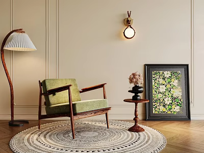 Stylish Green Leisure Chair With Floor Lamp Side Table And Decorative Painting 3d model