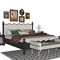 Classic Double Bed with Decorative Paintings Wooden Nightstands Table Lamps Upholstered Bench Polka Dot Rug