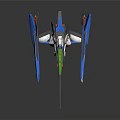 Detailed Blue White Sci Fi Model Aircraft Featuring Green Accents And Long Weapon