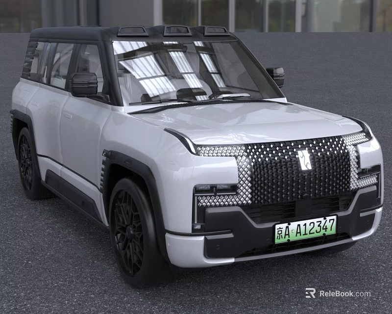 Electric White SUV with Modern Rugged Design Black Roof Unique Grille and Green License Plate 3d model 