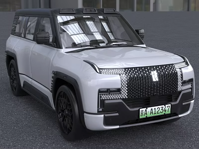 Electric White SUV with Modern Rugged Design Black Roof Unique Grille and Green License Plate 3d model