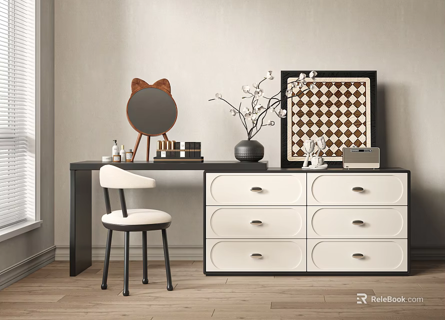 Modern Dressing Table with White Stool Mirror and Decorative Items 3d model