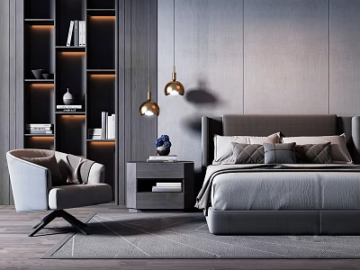Modern Bedroom Interior Design With Background Double Bed Nightstand And Bookshelf 3d model