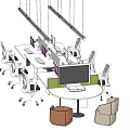 Modern Office Desk With Multiple Workstations Partition Panels Computer Monitors Office Chairs And Leisure Seats
