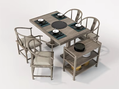 Modern Wooden Dining Table Set With Four Chairs And Side Shelf Cabinet 3d model