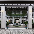 Traditional Courtyard Garden Landscape with Arched Doors Windows Hanging Vines Green Plants Large Ceramic Jar
