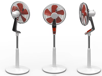 Three Pedestal Cooling Fans With Red Blades White Base And Different Angles 3d model