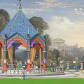 Ornate Gazebo With Blue Pyramid Roof Arched Design And Garden Setting
