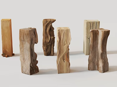 Natural Wood And Stone Carved Decorative Pieces With Various Textures Shapes 3d model