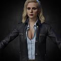Woman Wearing Black Leather Jacket Light Blue Shirt And Brown Pants With Fingerless Gloves