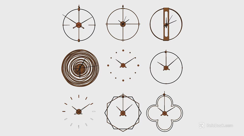 Various Creative Clock Designs with Different Dials Hands and Decorative Patterns 3d model 