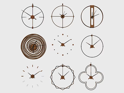 Various Creative Clock Designs with Different Dials Hands and Decorative Patterns 3d model