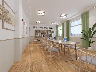 School Modern Learning Space With Bright Lighting Wooden Floors White Walls Green Curtains And Laptops 3d model
