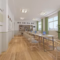 School Modern Learning Space With Bright Lighting Wooden Floors White Walls Green Curtains And Laptops