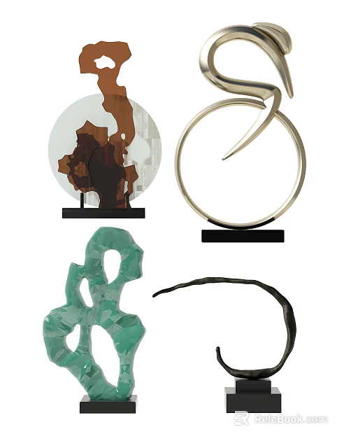 Modern Decorative Ornament Set With Abstract Sculptural Shapes And Metal Glass Bases For Home 3d model 