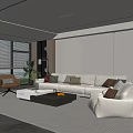Modern Living Room Interior With Large Windows Blinds Beige Sofa Coffee Table And Armchair