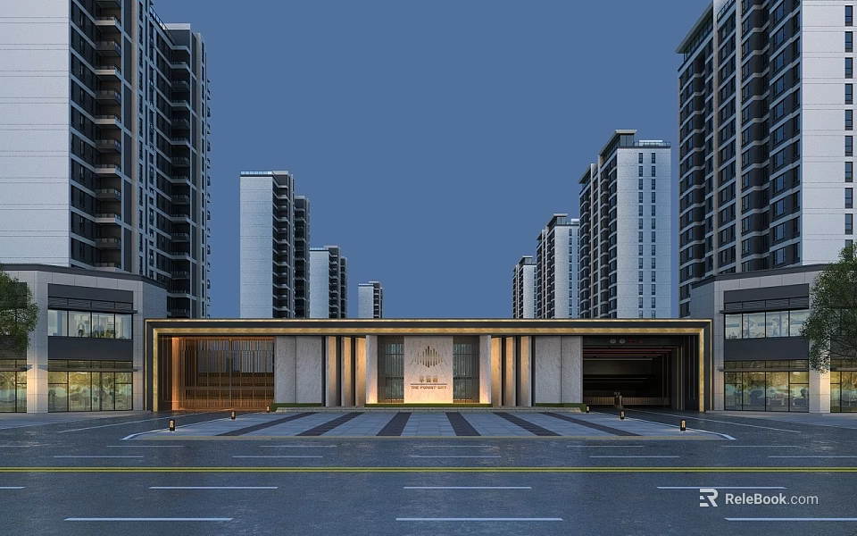 Modern Entrance Gate With High Rise Buildings Symmetrical Design Marble Facade And Spacious Driveway 3d model 