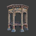 Antique Ornate Wooden Pavilion With Intricate Carvings And Stone Base Columns