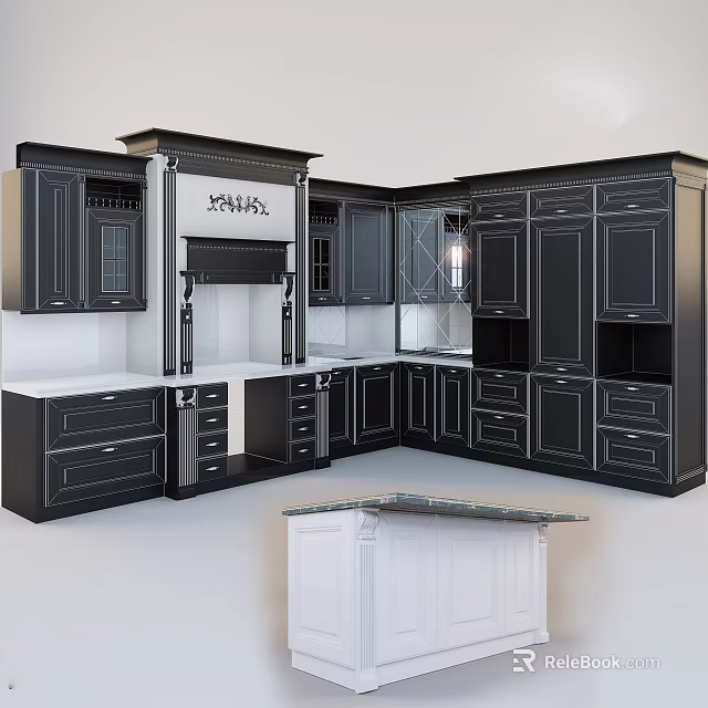 Elegant Modern Black Kitchen Cabinets With Glass Doors Drawers And White Countertop 3d model 