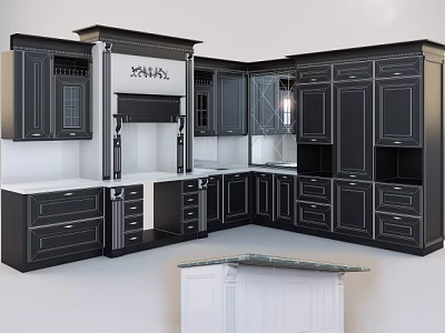 Elegant Modern Black Kitchen Cabinets With Glass Doors Drawers And White Countertop 3d model