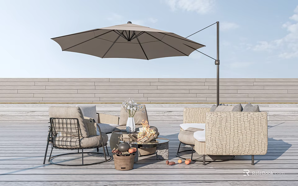 Outdoor Sofa Set With Patio Umbrella On Wooden Floor And Coffee Table Decorations 3d model 