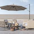 Outdoor Sofa Set With Patio Umbrella On Wooden Floor And Coffee Table Decorations