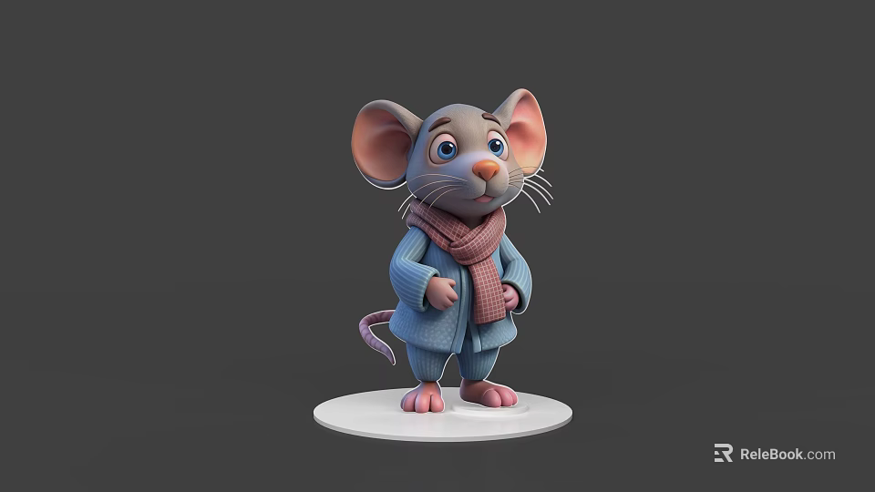 Cartoon Mouse Game Film Character In Blue Sweater And Pink Scarf Standing On White Base 3d model 
