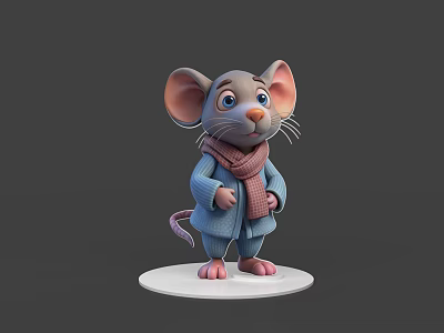 Cartoon Mouse Game Film Character In Blue Sweater And Pink Scarf Standing On White Base 3d model
