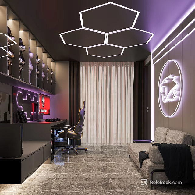 Modern Internet Cafe Interior With Hexagon Ceiling Lighting Gaming Chair Sofa And Wall Logo 3d model 
