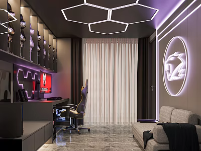 Modern Internet Cafe Interior With Hexagon Ceiling Lighting Gaming Chair Sofa And Wall Logo 3d model
