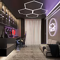 Modern Internet Cafe Interior With Hexagon Ceiling Lighting Gaming Chair Sofa And Wall Logo